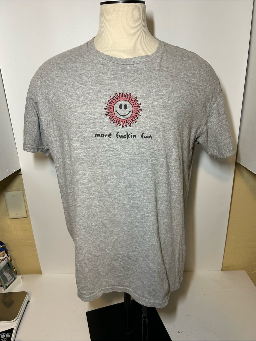 Men’s Gray Graphic Tee with Red Sun Smile